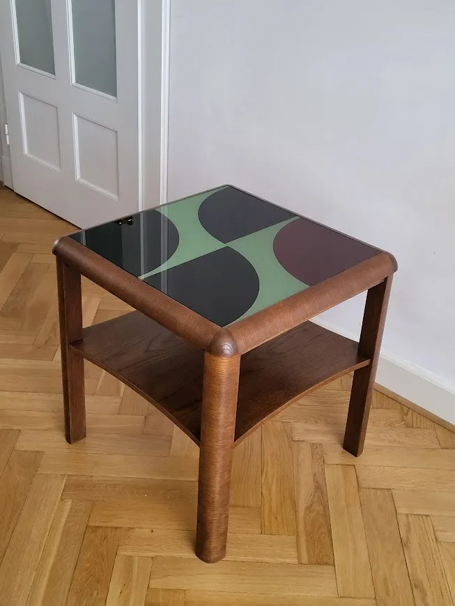 Stolik Art Deco z szybą, drewniany, dąb, lata 30.