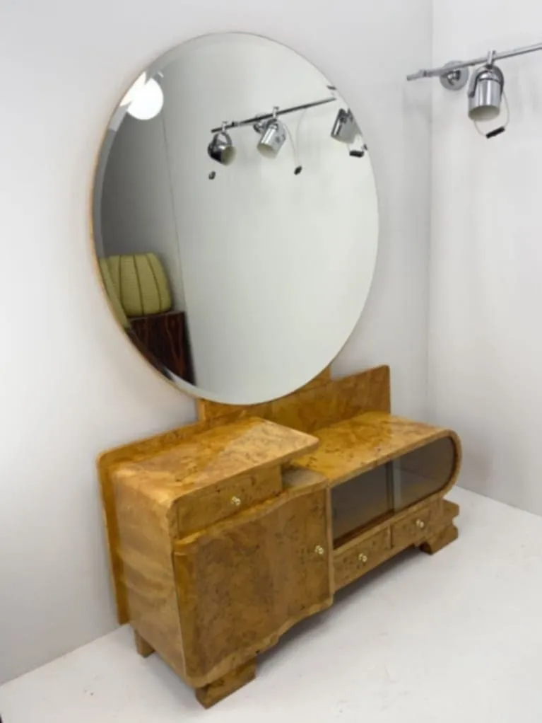 Toaletka Art Deco z dużym okrągłym lustrem, lata 40./50. XX w.