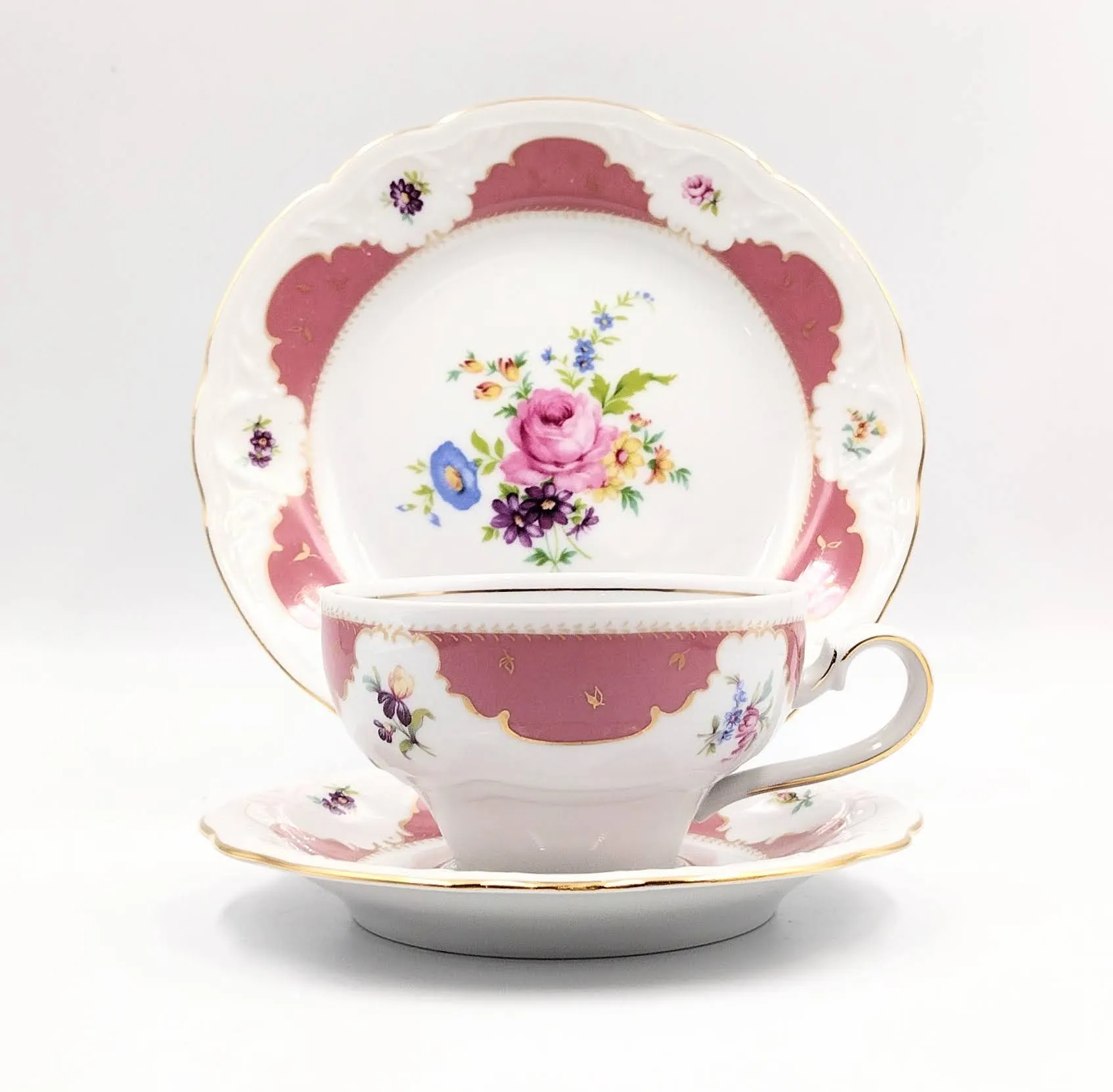 Trio filiżanka Kahla pastelowa porcelana kwiaty różowa retro róże złocenia