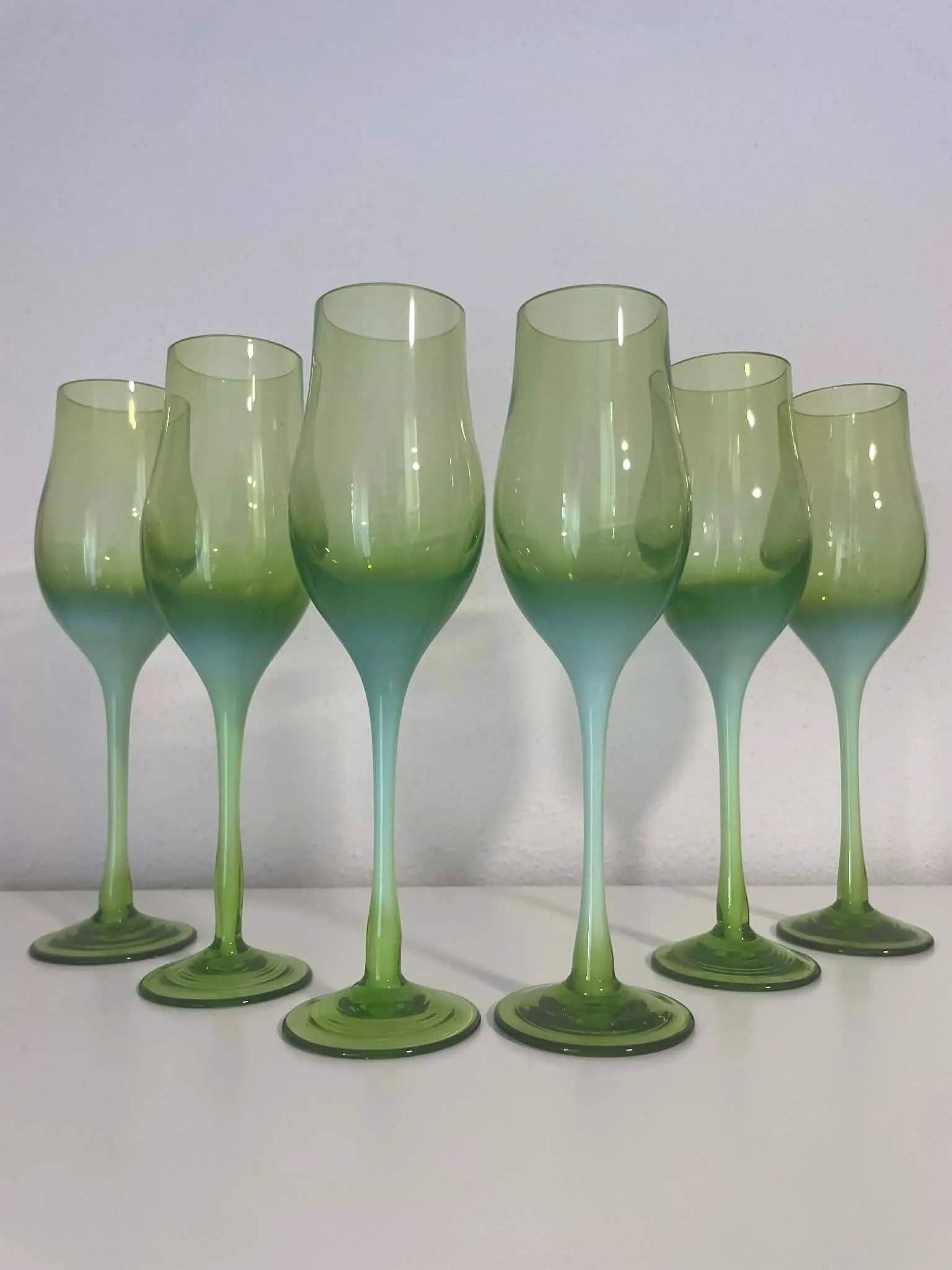 Kieliszki Horbowy , 6 sztuk ZESTAW, Zbigniew Horbowy, Huta Barbara / Sudety, Szkło PRL kolorowe